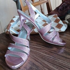 Fioni Nights Pink Sparkle Heeled sling back Sandals, Size 9, 3" heel
